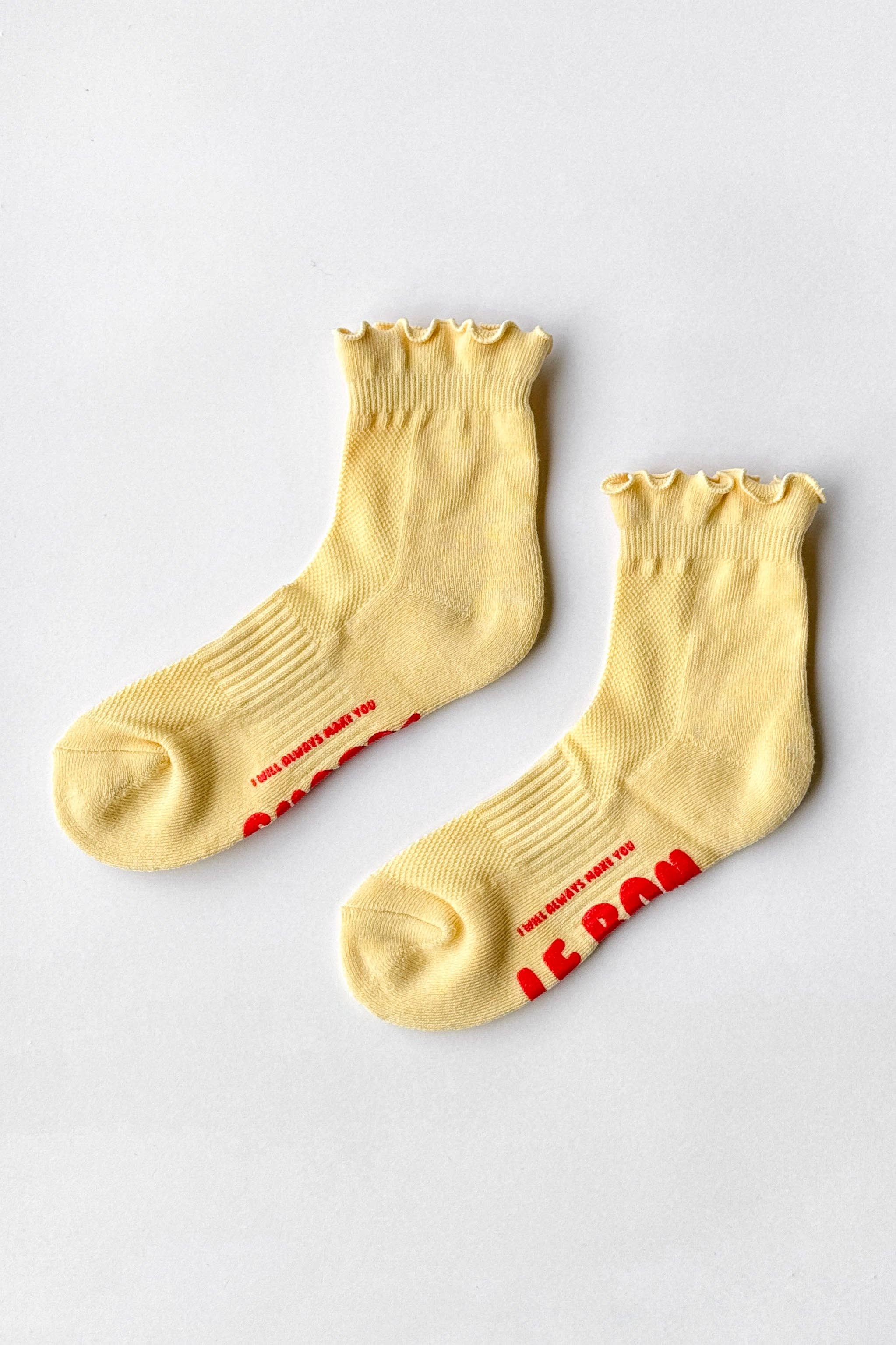 Ruffled Hugger Crew Socks - BANANA CREAM / RED