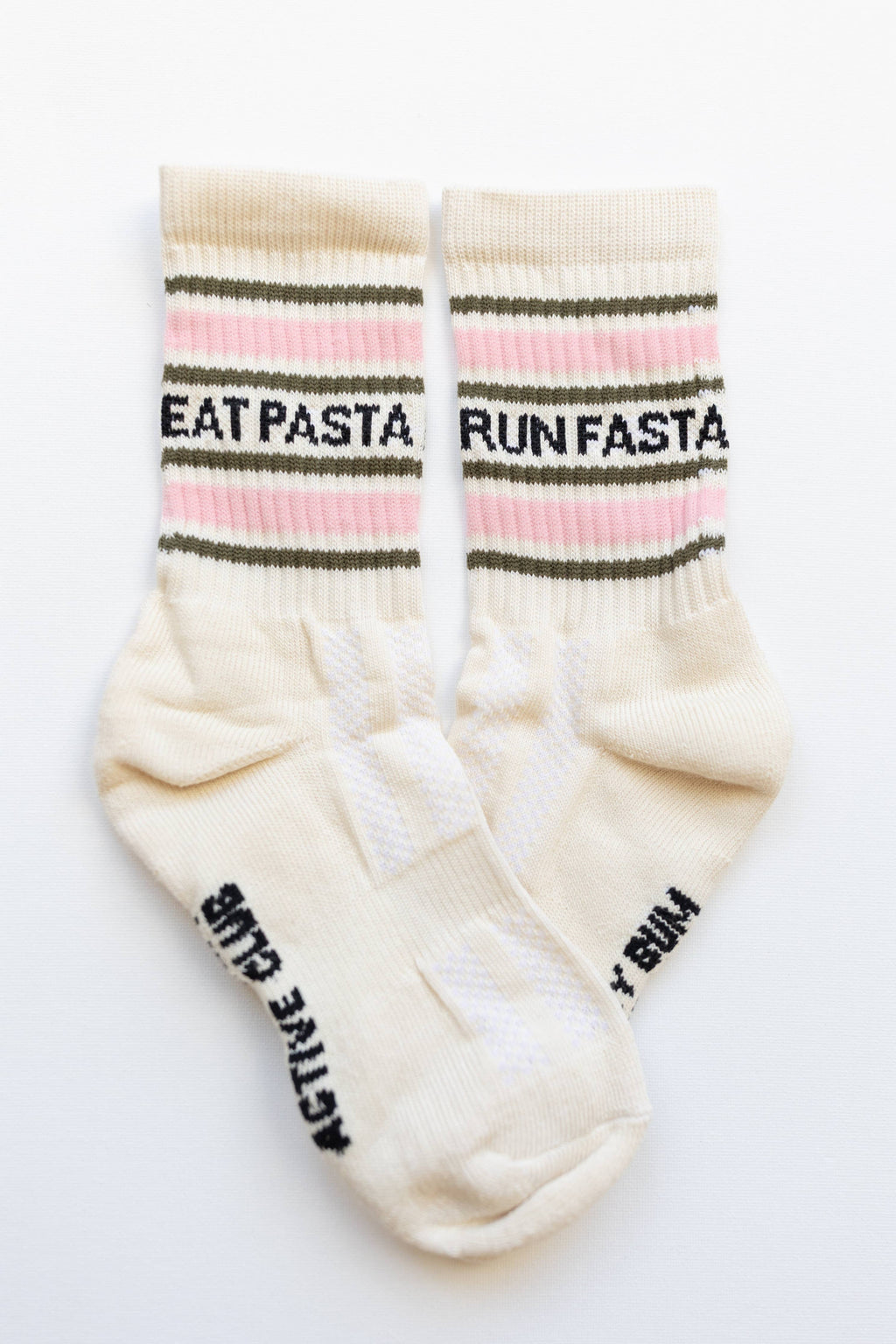 Eat Pasta Run Fasta: Slogan Sports Socks - Cream, Green and Pink