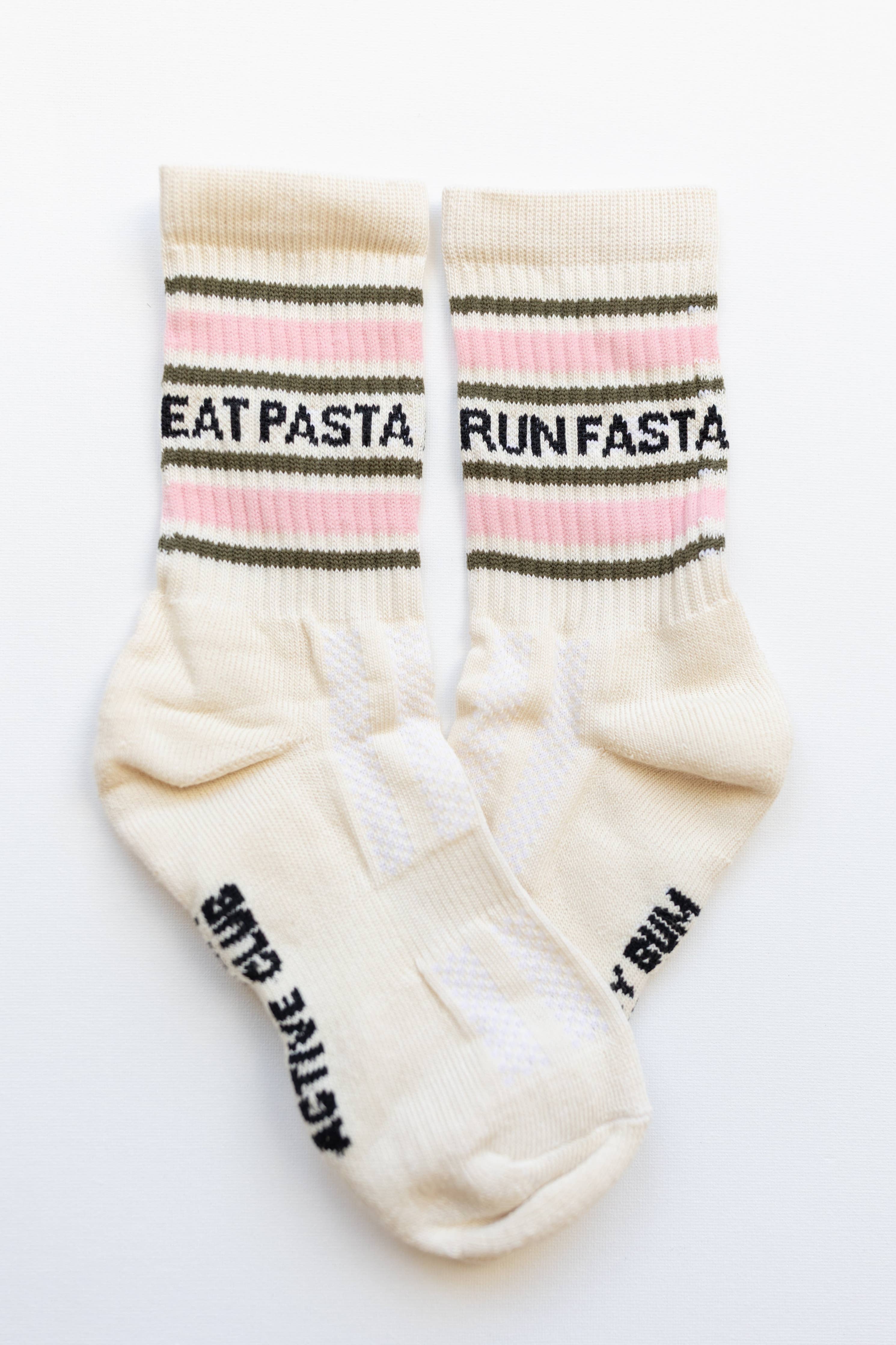 Eat Pasta Run Fasta: Slogan Sports Socks - Cream, Green and Pink