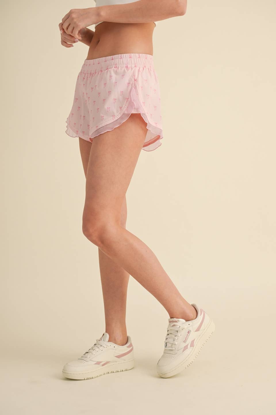 Bow Print Active Shorts with Ruffle Trim