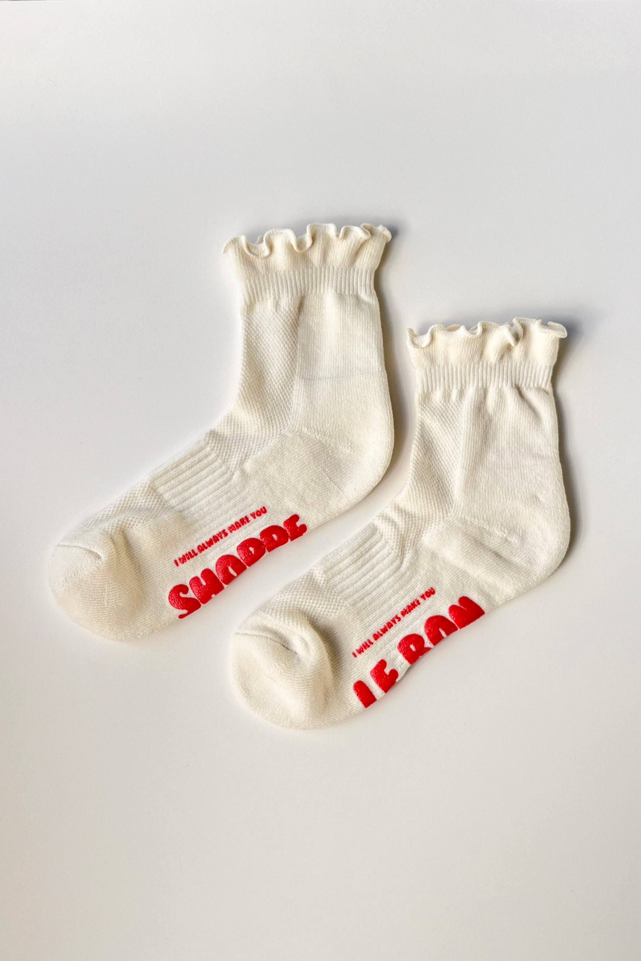 Ruffled Hugger Crew Socks - VANILLA / RED