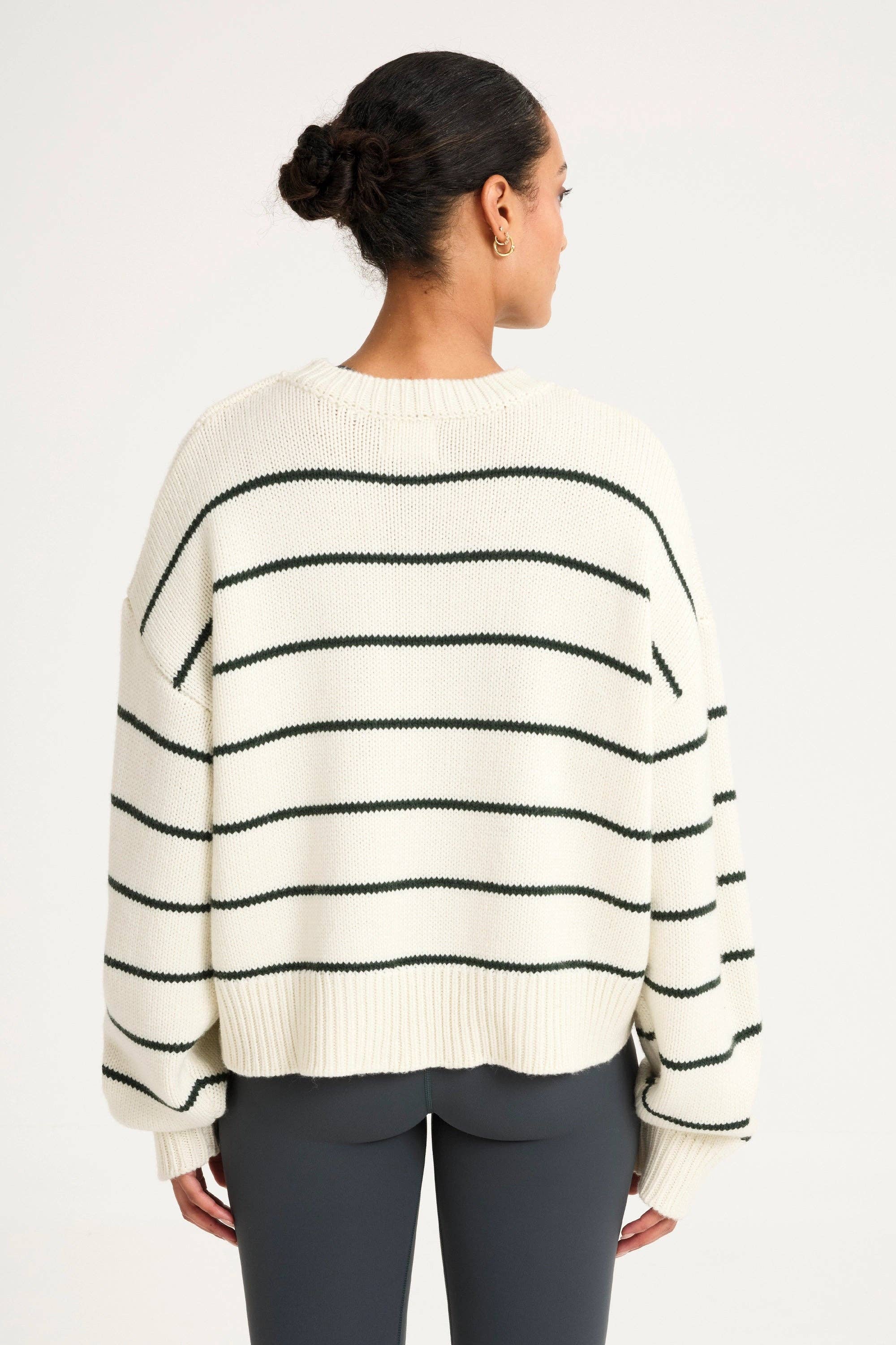 Stripe Crew Neck Knit: Forest Green / XS