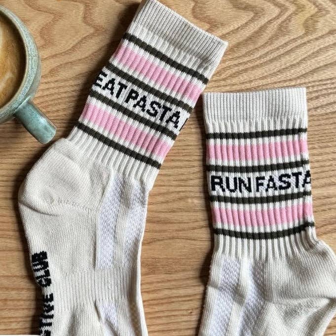 Eat Pasta Run Fasta: Slogan Sports Socks - Cream, Green and Pink