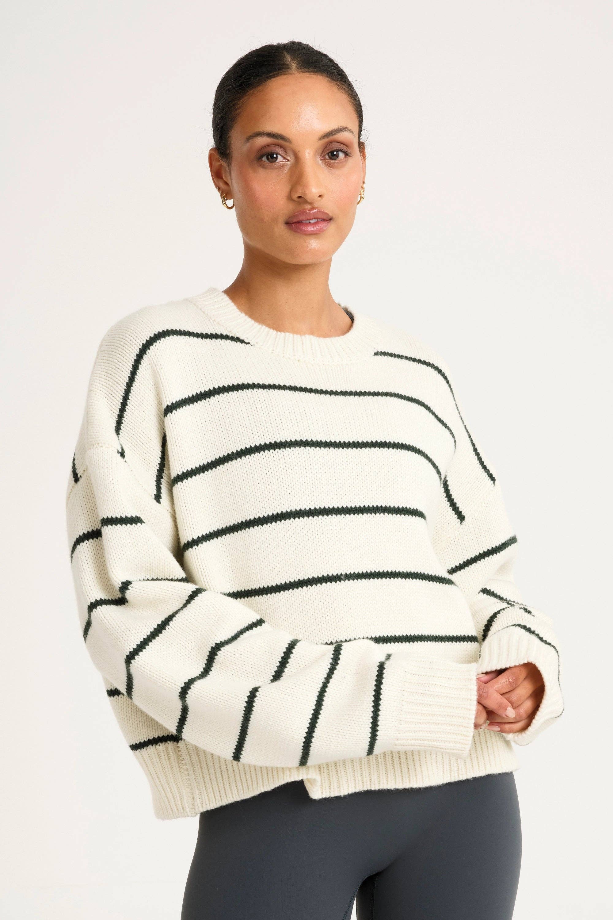 Stripe Crew Neck Knit: Forest Green / XS