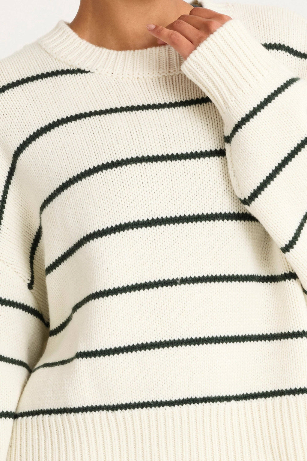 Stripe Crew Neck Knit: Forest Green / XS