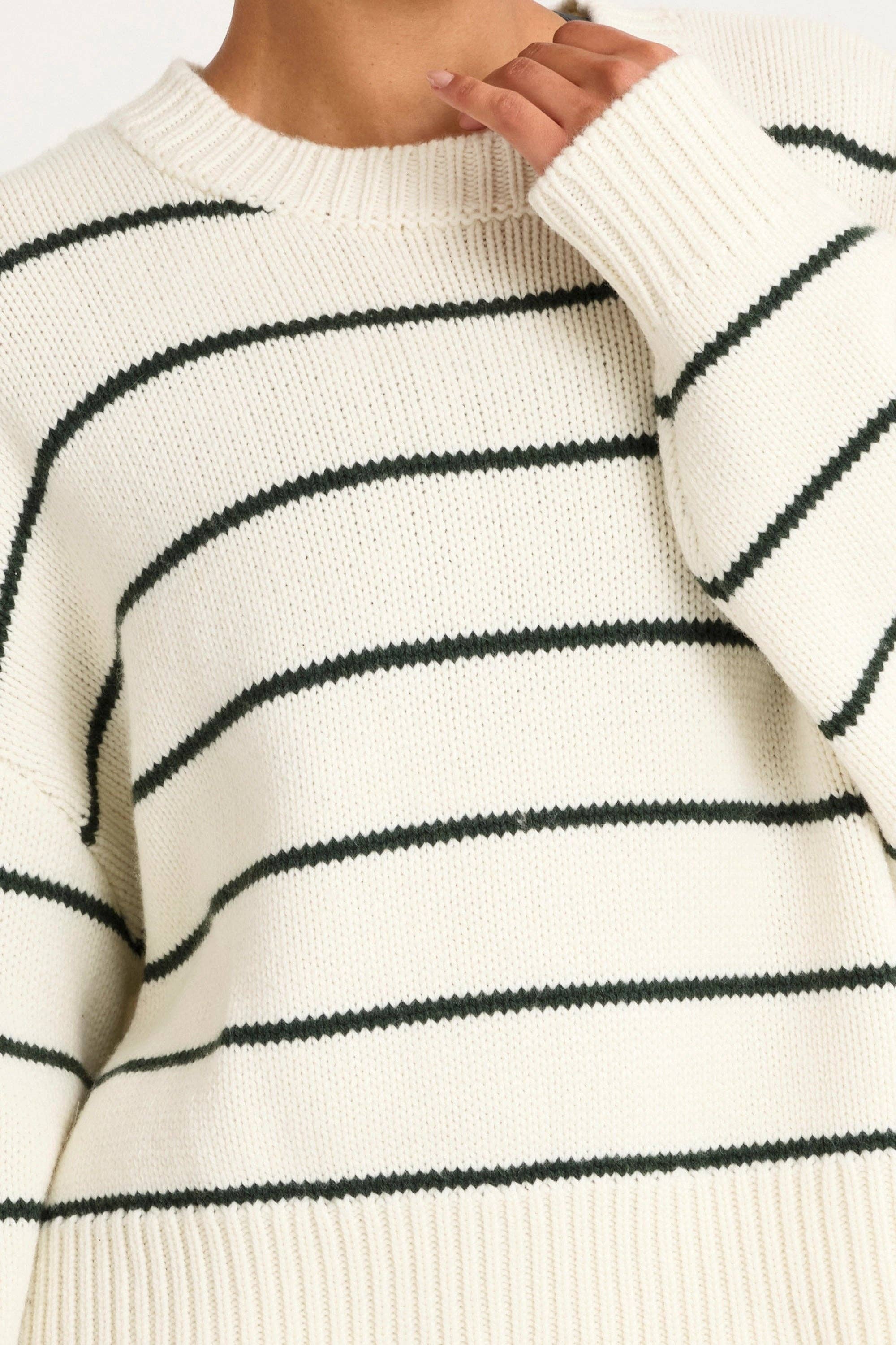 Stripe Crew Neck Knit: Forest Green / XS