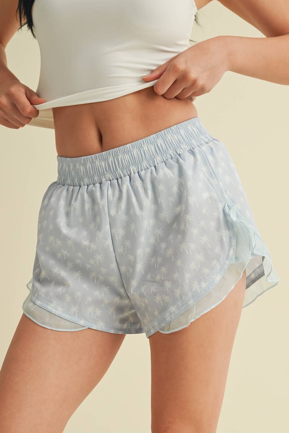 Palmtree Print Active Shorts with Ruffle Trim
