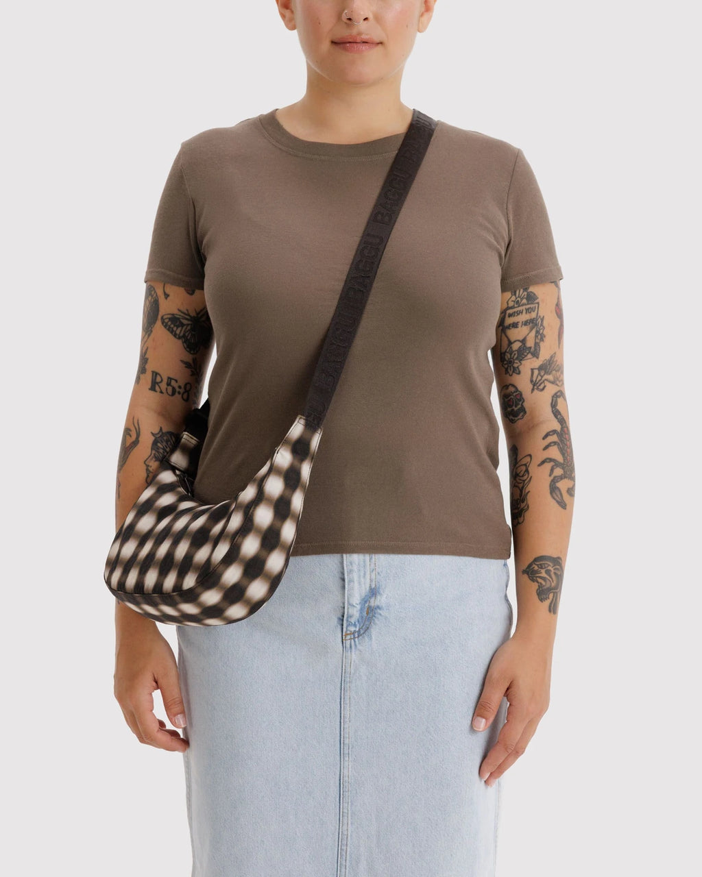 Small Nylon Crescent Bag Blurred Gingham Brown