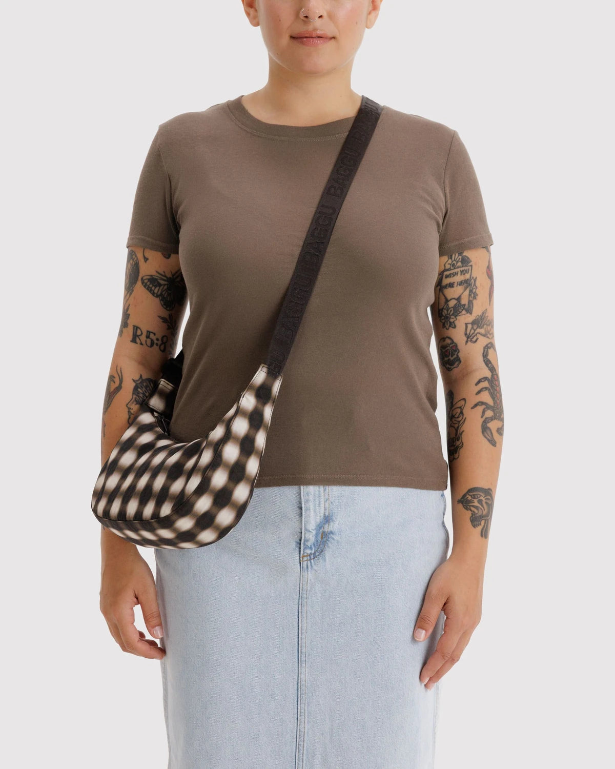 Small Nylon Crescent Bag Blurred Gingham Brown