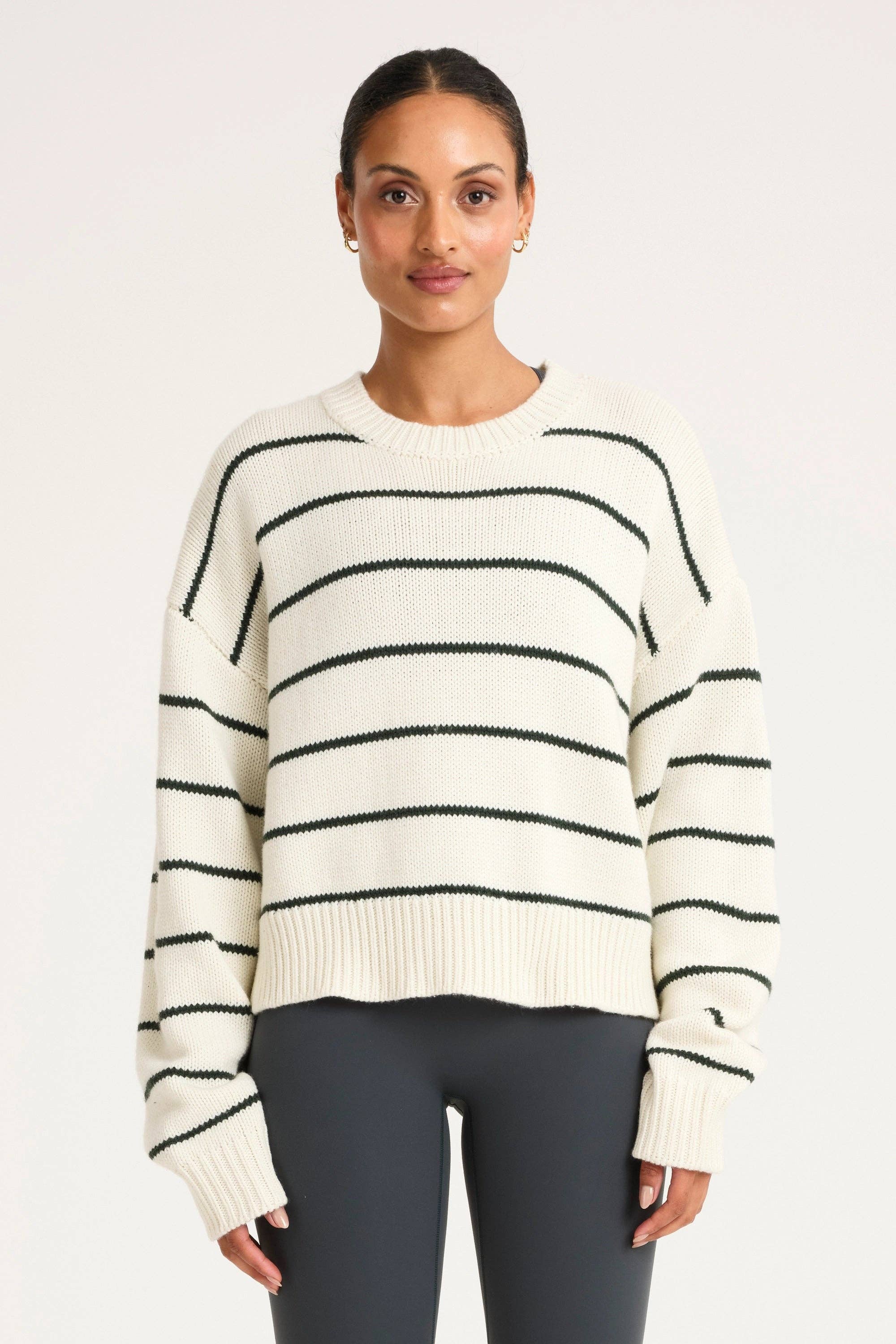 Stripe Crew Neck Knit: Forest Green / XS
