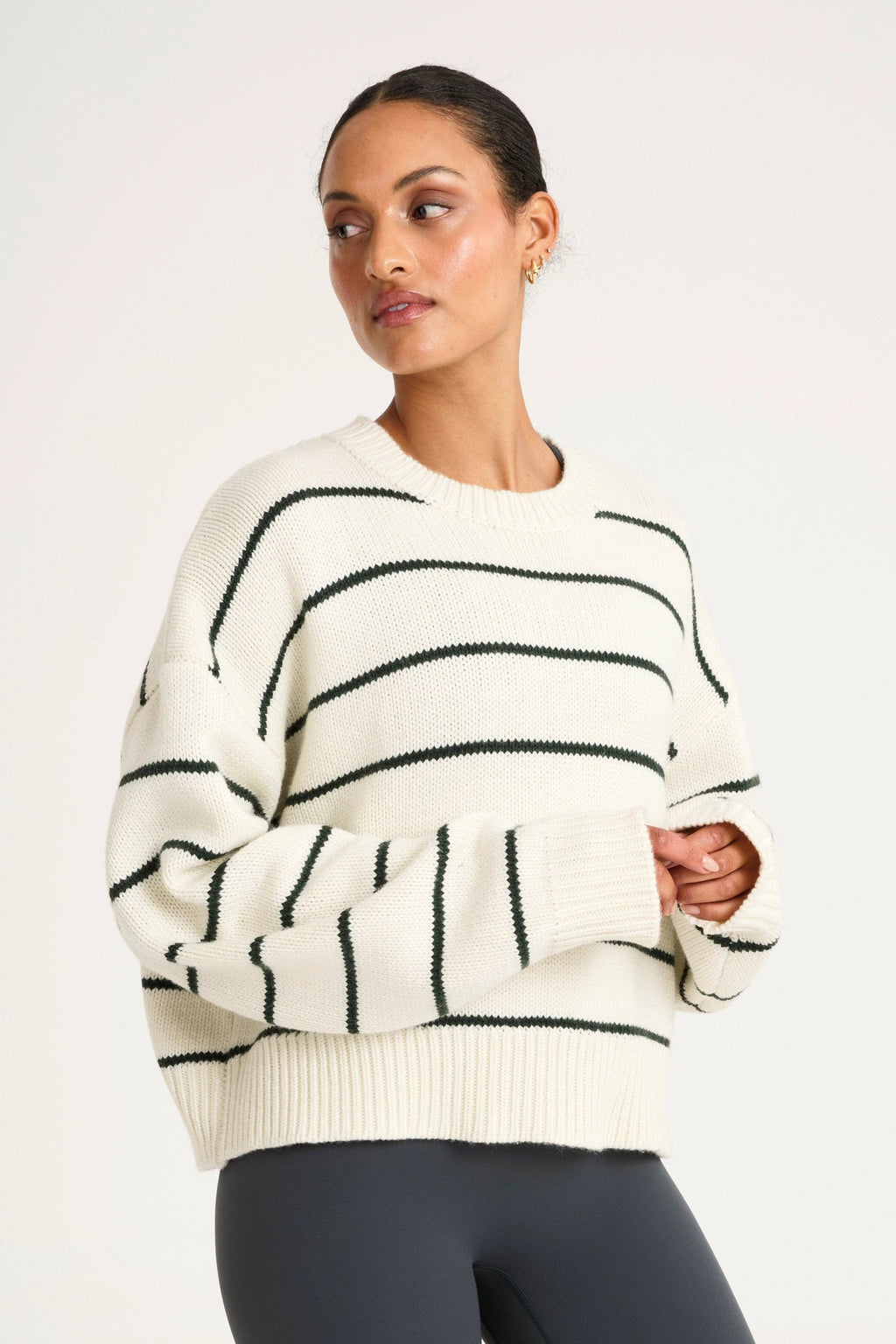 Stripe Crew Neck Knit: Forest Green / XS