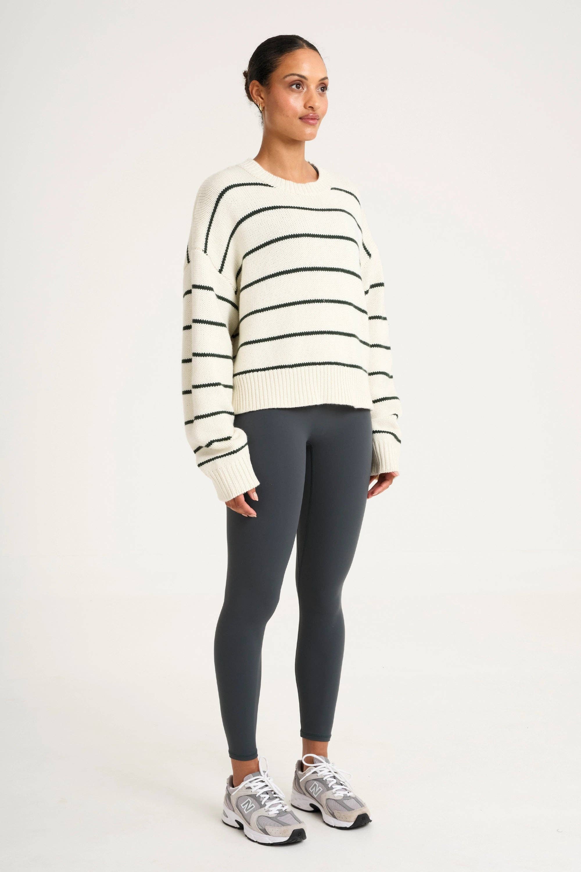 Stripe Crew Neck Knit: Forest Green / XS