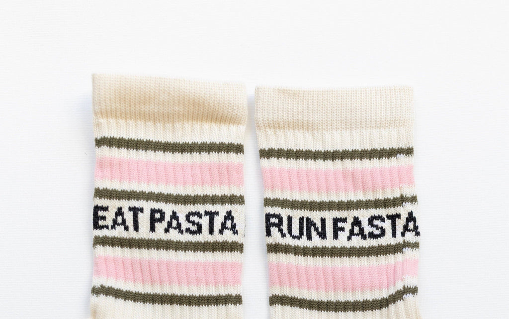 Eat Pasta Run Fasta: Slogan Sports Socks - Cream, Green and Pink