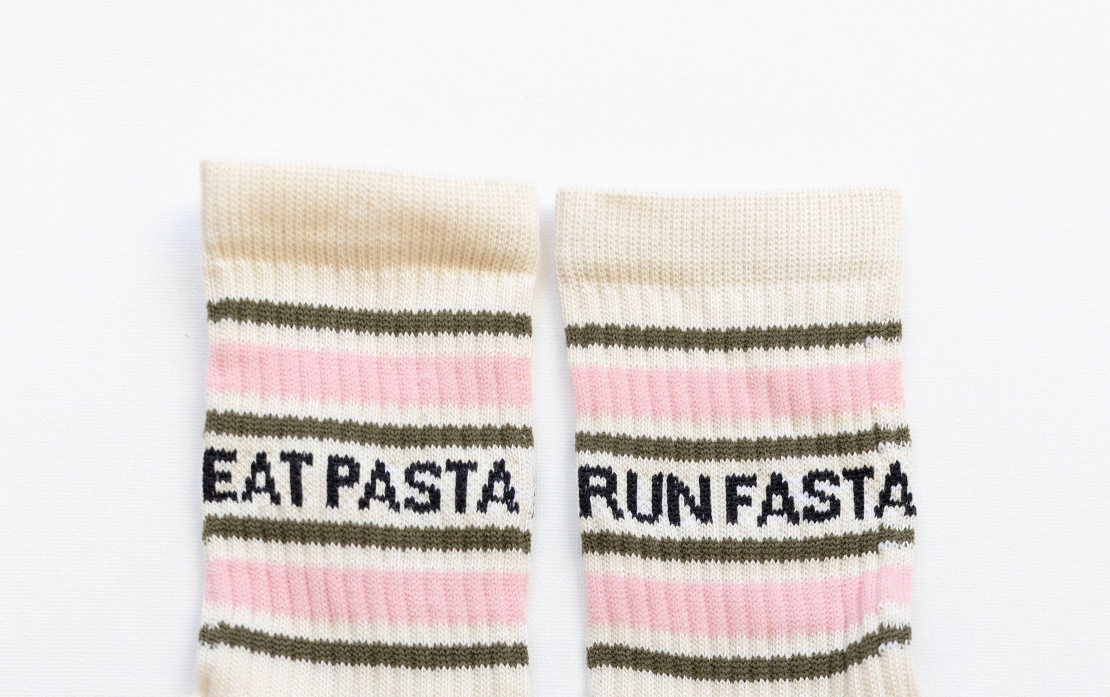 Eat Pasta Run Fasta: Slogan Sports Socks - Cream, Green and Pink